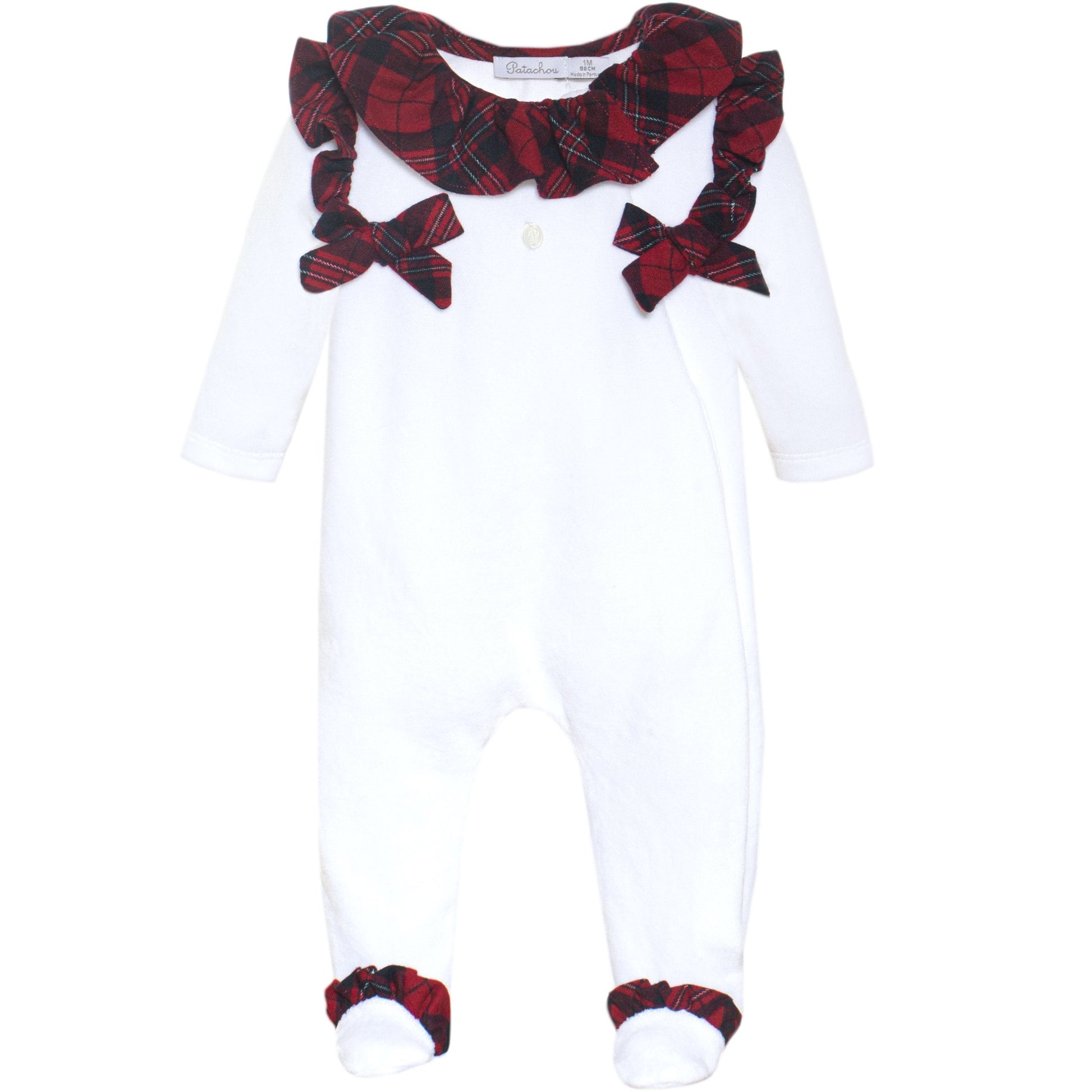 Patachou White & Red Tartan Velour Babygrow - Babygrow